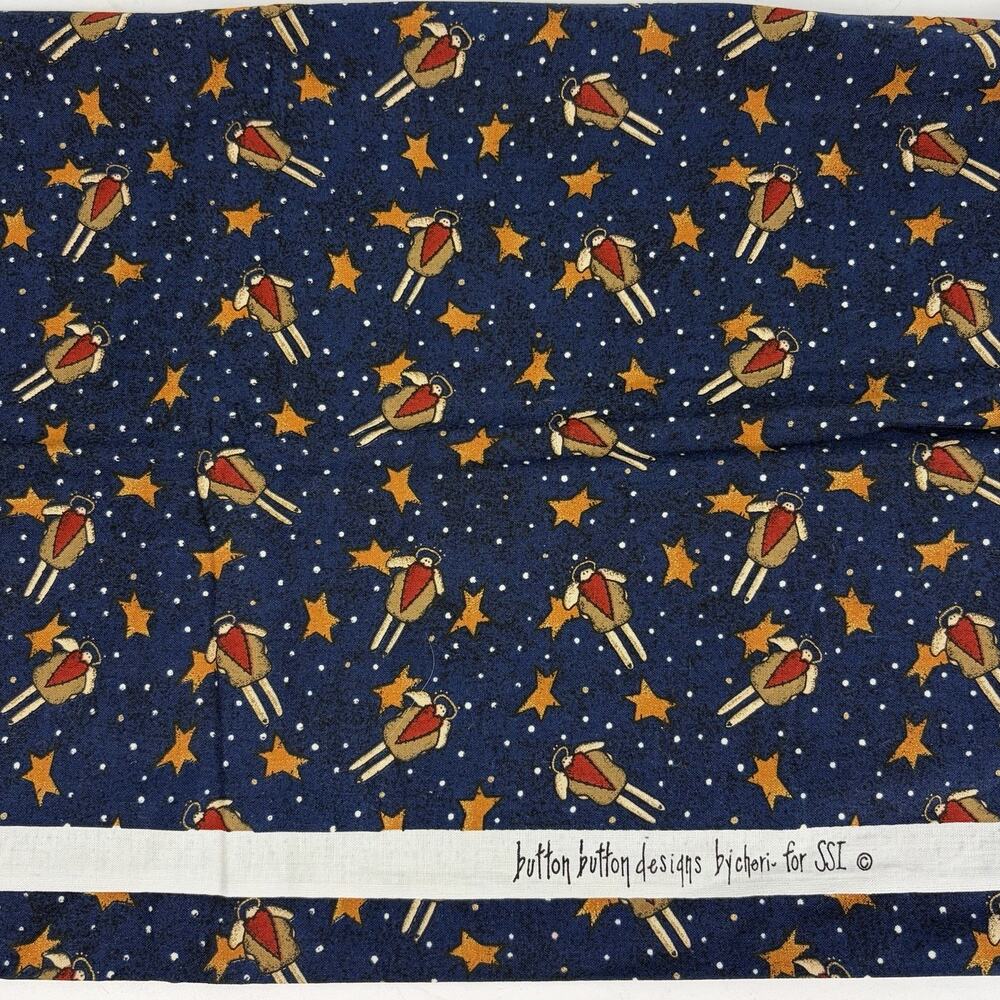 Vintage Button Designs Cheri Christmas Angels Navy Blue Fabric Remnant 18x20.5”